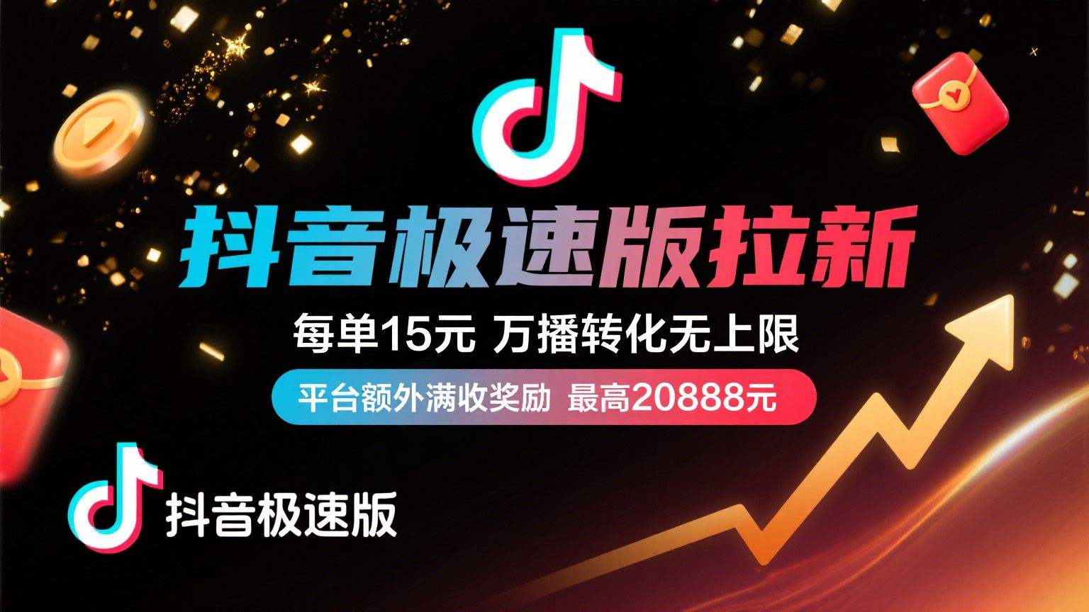 <strong>抖音</strong>极速版放福利，每单15元，万播转化无上限，平台额外满收奖励，最高可领20888元
